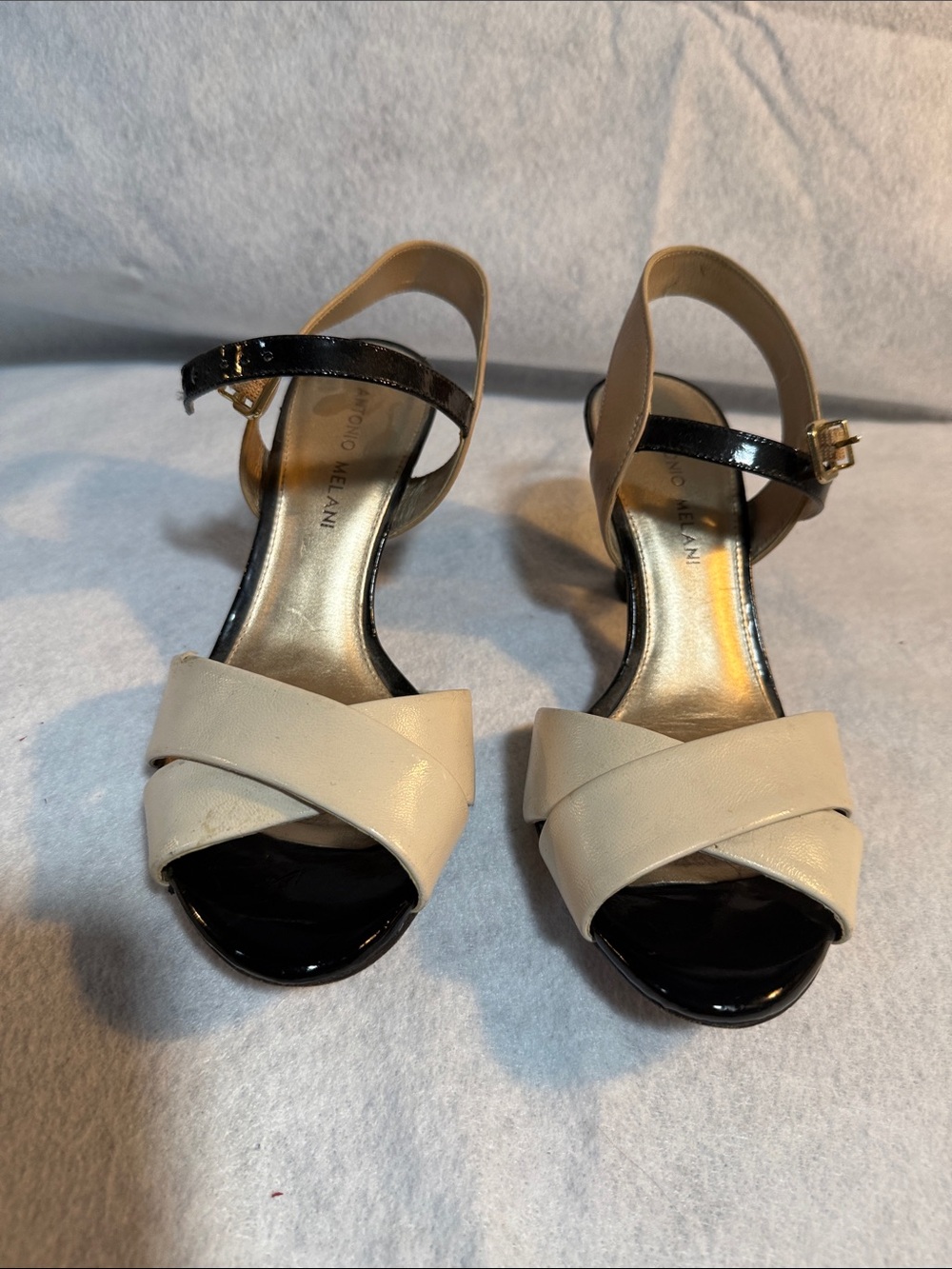 ANTONIO MELANI Two-Tone Black and Beige Cross-Strap Heels